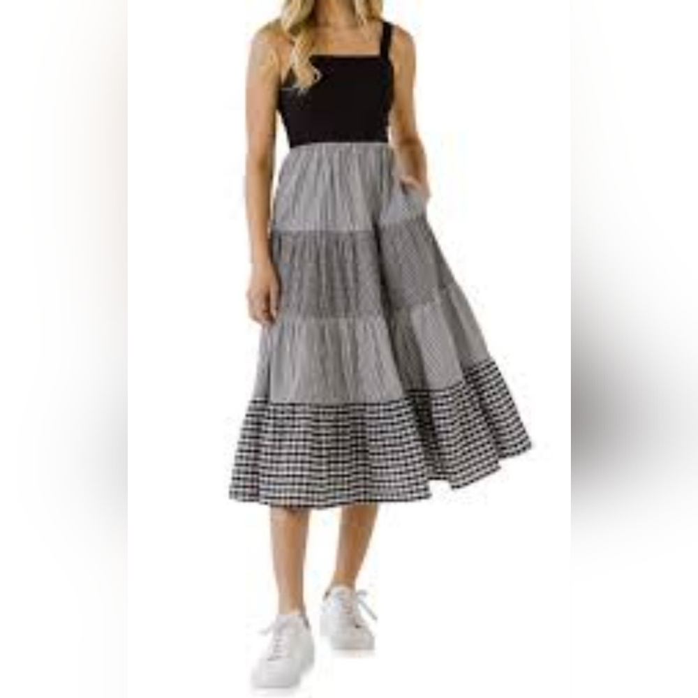 English Factory Black & White Gingham & Striped Contrast Midi Dress Size XS NWT